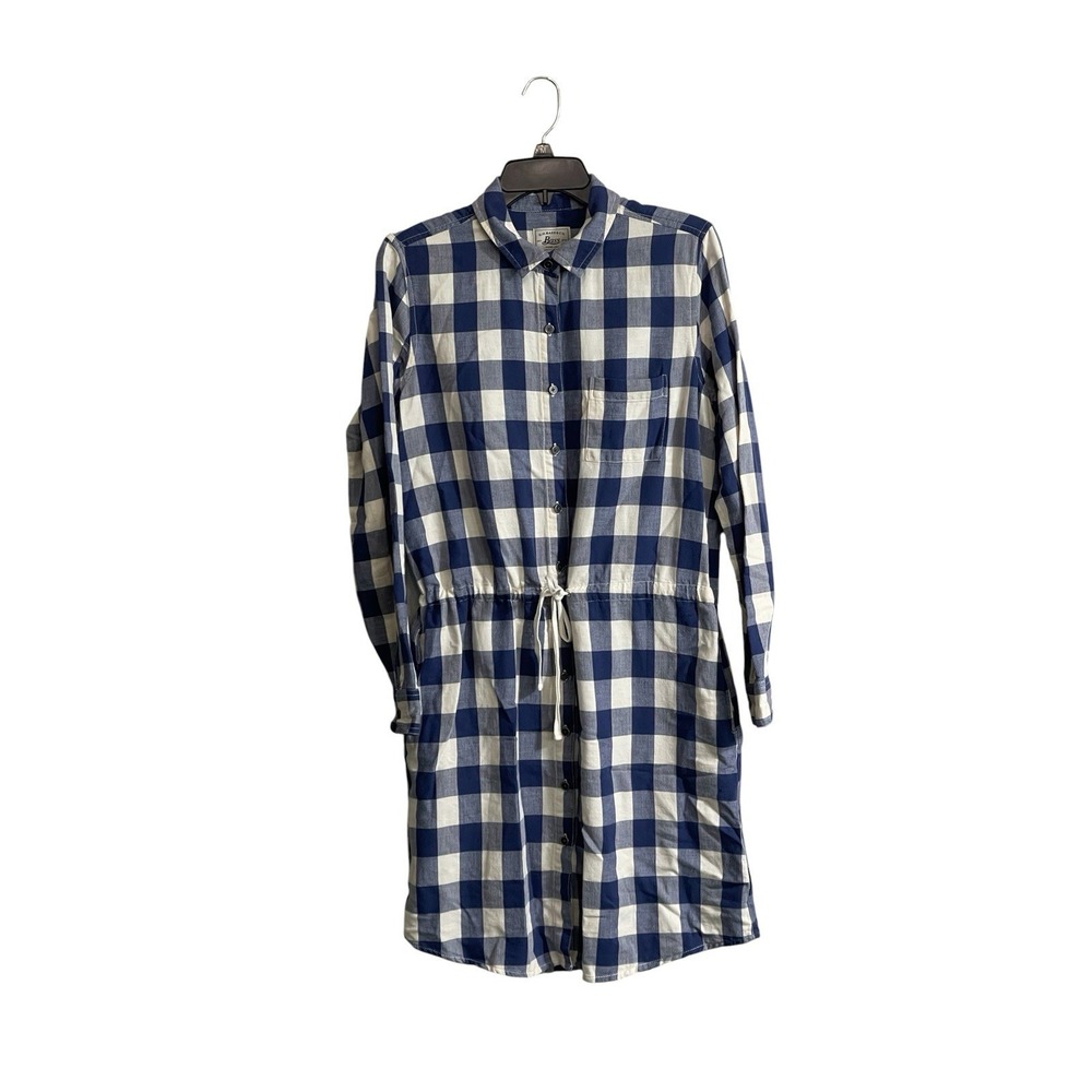 GH Bass Med Gingham Plaid Shirt Dress Blue White Preppy Nautical Coastal